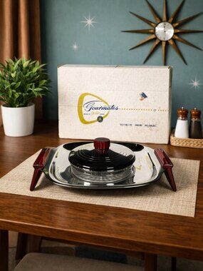 Vintage Glo Hill Butter Dish with Tray in Original Box, MCM Chrome Serving Dish